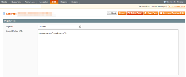 magento settings to switch off breadcrumbs for a cms page
