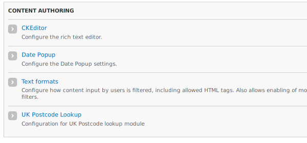 admin menu with uk postcode lookup drupal module in it